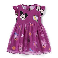 Babyhug Disney Single Jersey Knit Frill Sleeves Frock With Minnie Mouse Family Print - Purple