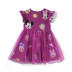 Babyhug Disney Single Jersey Knit Frill Sleeves Frock With Minnie Mouse Family Print - Purple