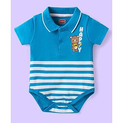 Babyhug 100% Cotton Knit Half Sleeves Collared Onesie with Bear Print & Stripes - Blue