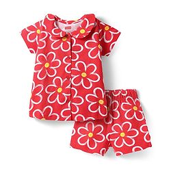 Babyhug Cotton Knit Half Sleeves Peter Pan Collared Co-ords Shorts Night Suit with Floral Print -Red