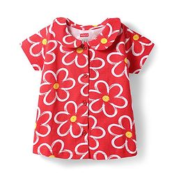 Babyhug Cotton Knit Half Sleeves Peter Pan Collared Co-ords Shorts Night Suit with Floral Print -Red