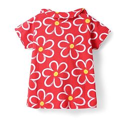 Babyhug Cotton Knit Half Sleeves Peter Pan Collared Co-ords Shorts Night Suit with Floral Print -Red