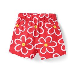 Babyhug Cotton Knit Half Sleeves Peter Pan Collared Co-ords Shorts Night Suit with Floral Print -Red