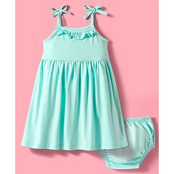 Babyhug Single Jersey Knit Sleeveless Solid Color Frock & Bloomer with Frill Detailing - Aqua Blue