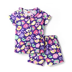 Babyhug Cotton Knit Half Sleeves Peter Pan Collared Co-ords Shorts Night Suit with Abstract Print - Purple