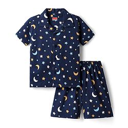 Babyhug Cotton Knit Half Sleeves Co-ords Short Nightsuit with Star & Moon Print - Navy Blue