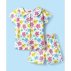 Babyhug Cotton Knit Half Sleeves Co-ords Peter Pan Collared Front Open Shorts Night Suit with Floral Print - White