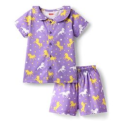 Babyhug  Cotton Knit Half Sleeves Front Open Shorts  Co-ord Night Suit With Unicorn Print - Purple