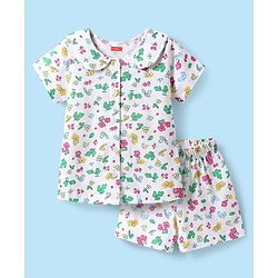 Babyhug Cotton Knit Half Sleeves Co-ords Peter Pan Collared Front Open Shorts Night Suit with Tropical Theme Print - White