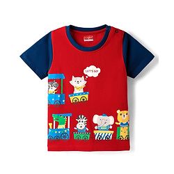 Babyhug Cotton Knit Half Sleeves T-Shirt with Animal Print - Red
