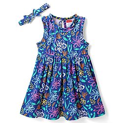 Babyhug Single Jersey Knit Sleeveless Frock & Head Band Floral Print - Blue