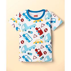Babyhug Cotton Knit Half Sleeves T-Shirt with Vehicle Print - White