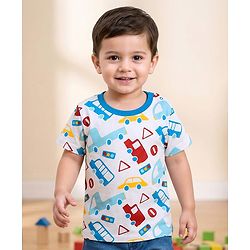 Babyhug Cotton Knit Half Sleeves T-Shirt with Vehicle Print - White