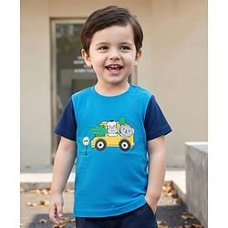 Babyhug Cotton Knit Half Sleeves T-Shirt With Vehicle Print - Blue