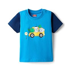 Babyhug Cotton Knit Half Sleeves T-Shirt With Vehicle Print - Blue