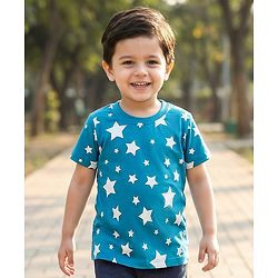 Babyhug Cotton Knit Half Sleeves T-Shirt with Star Print - Blue