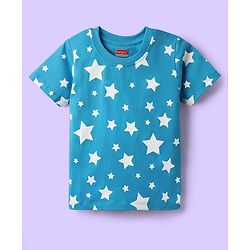 Babyhug Cotton Knit Half Sleeves T-Shirt with Star Print - Blue