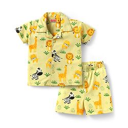 Babyhug Single Jersey Knit Half Sleeves Night Suit With Wild Animal Print - Green