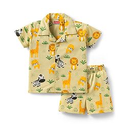 Babyhug Single Jersey Knit Half Sleeves Night Suit With Wild Animal Print - Green