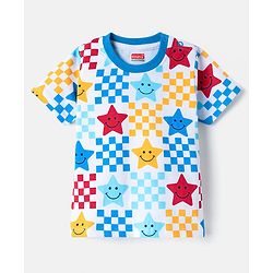 Babyhug Cotton Knit Half Sleeves T-Shirt with Star Smiley Print - White
