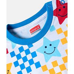 Babyhug Cotton Knit Half Sleeves T-Shirt with Star Smiley Print - White