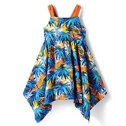 Babyhug Cotton Woven Sleeveless Handkerchief Hem Frock with Tropical Theme Print - Navy Blue