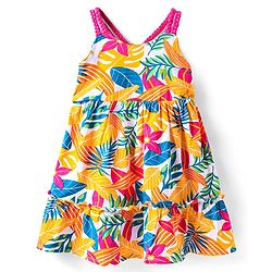 Babyhug Cotton Woven Sleeveless Frock with Tropical Theme Print - Yellow Pink & Blue