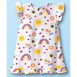Babyhug Cotton Knit Frill Sleeves Nighty with Floral Print - White