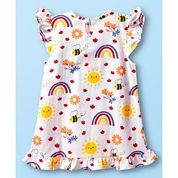 Babyhug Cotton Knit Frill Sleeves Nighty with Floral Print - White
