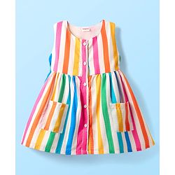 Babyhug Cotton Woven Sleeveless Front Open Frock With Stripes & Pockets - Multicolour