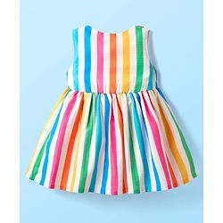 Babyhug Cotton Woven Sleeveless Front Open Frock With Stripes & Pockets - Multicolour