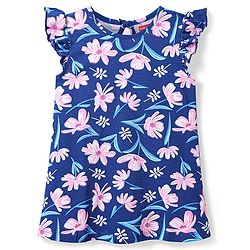Babyhug Cotton Knit Frill Sleeves Nighty with Floral Print - Navy Blue