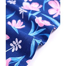 Babyhug Cotton Knit Frill Sleeves Nighty with Floral Print - Navy Blue
