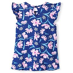 Babyhug Cotton Knit Frill Sleeves Nighty with Floral Print - Navy Blue