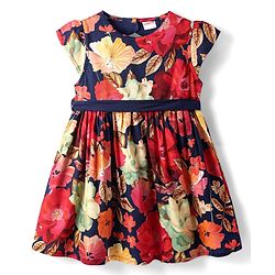 Babyhug Cotton Woven Half Sleeves Frock with Floral Print & Fabric Belt - Navy Blue