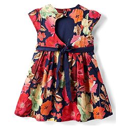 Babyhug Cotton Woven Half Sleeves Frock with Floral Print & Fabric Belt - Navy Blue