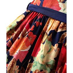 Babyhug Cotton Woven Half Sleeves Frock with Floral Print & Fabric Belt - Navy Blue