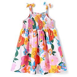 Babyhug Cotton Woven Sleeveless Anti Bacterial Floral Printed Frock with Smocked & Bow Detailing - White Blue & Orange