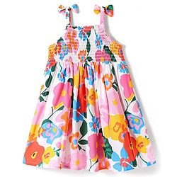 Babyhug Cotton Woven Sleeveless Anti Bacterial Floral Printed Frock with Smocked & Bow Detailing - White Blue & Orange
