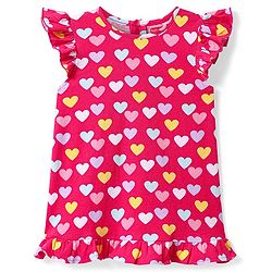 Babyhug Cotton Knit Frill Sleeves Nighty with Heart Print - Dark Pink