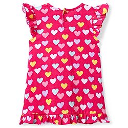 Babyhug Cotton Knit Frill Sleeves Nighty with Heart Print - Dark Pink