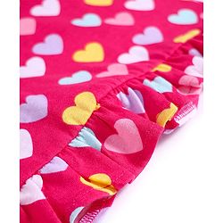 Babyhug Cotton Knit Frill Sleeves Nighty with Heart Print - Dark Pink