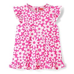 Babyhug Cotton Knit Frill Sleeves A Line Night Suit with Floral Print - Pink