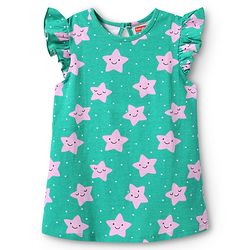 Babyhug Cotton Knit Frill Sleeves Nighty with Star Print - Green