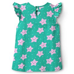 Babyhug Cotton Knit Frill Sleeves Nighty with Star Print - Green