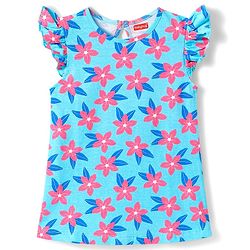 Babyhug Cotton Knit Frill Sleeves A Line Nighty with Floral Print - Light Blue