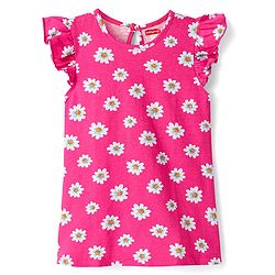 Babyhug Cotton Knit Frill Sleeves Nighty with Floral Print - Dark Pink