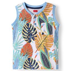 Babyhug Cotton Knit Sleeveless Tank Henley Neck T-Shirt with Tropical Theme Print - White