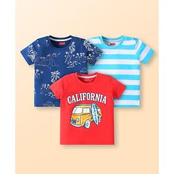 Babyhug Cotton Knit Half Sleeves T-Shirts with Beach Theme Print & Stripes Pack of 3 - White Red & Navy Blue