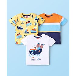 Babyhug Cotton Knit Half Sleeves T-Shirts with Stripes & Boat Print Pack Of 3 - Yellow & White